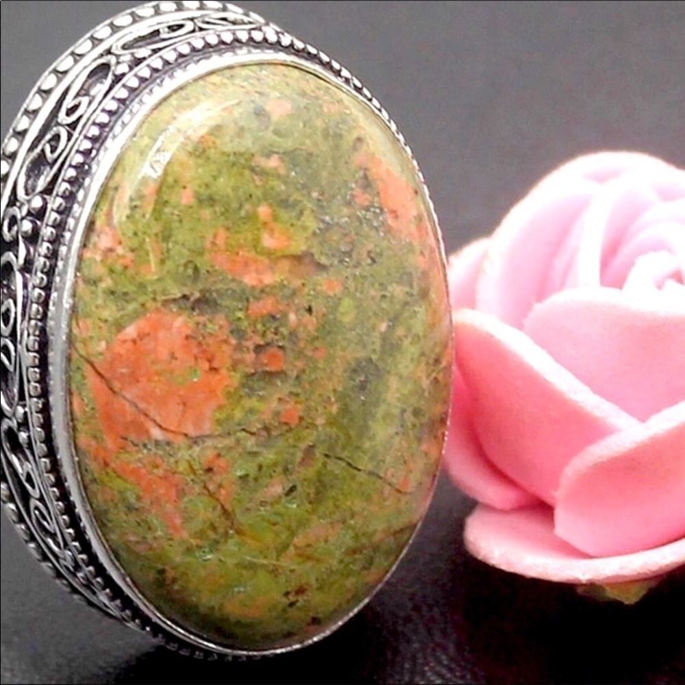 Unakite Sterling Silver Antiques Heart Band Statement Ring